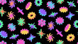 Y2K seamless pattern with vibrant retro brutalist shapes, neon isometric flowers and stars for trendy 2000s style backgrounds