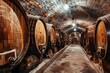 Modern luxury underground interior of old cellar with wine wooden barrels