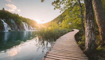 Wall Mural - beautiful wooden path trail for nature trekking with lakes and waterfall landscape in plitvice lakes national park unesco natural world heritage and famous travel destination of croatia