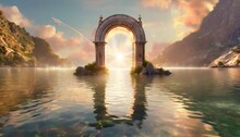 The Light Of Evden A Portal Ancient Gate In The Middle Of The Waters Waters In The Celestial Sphere Of Peace Neverland Dreamy Cosmic Beings Surrounding In Naturef 3d Rendering