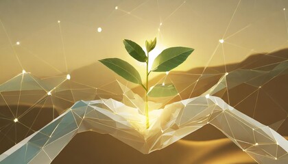 Poster - abstract mash line and point hands holding plant sprout save planet nature environment grow life eco polygon triangles low poly illustration