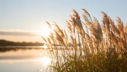 Canvas Print - fluffy golden reeds on sunset sky background against sunlight trendy natural pampas grass botanical background for poster website wallpaper design dry gold reed on the lake autumn nature sunny day