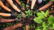 Hands covered in soil, people from different backgrounds work together in a community garden, planting for a greener future on World Environment Day