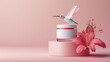 A jar of face cream on a pink background with flowers. Hummingbird bird on the background of cosmetics. The concept of skin care and beauty