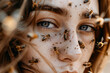 a close portrait of a red-haired girl with bees crawling over her face
