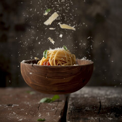 Wall Mural - Pasta with parmesan and tomato sauce in a wooden bowl. floating Homemade Italian spaghetti - levitation photography.