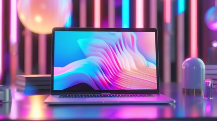 Poster - sleek modern laptop on desk with vibrant bokeh background and abstract shapes - technology workspace