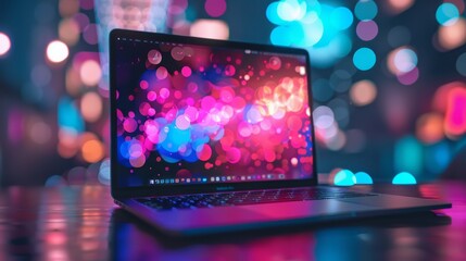 Poster - sleek modern laptop on desk with vibrant bokeh background and abstract shapes - technology workspace