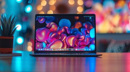 Poster - Sleek laptop on desk with vibrant bokeh background and colorful lights - modern workspace concept