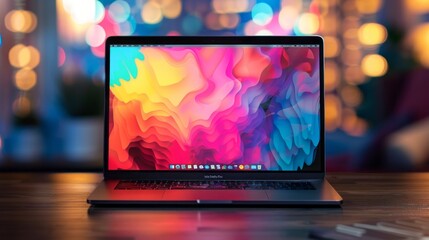 Poster - Sleek laptop on desk with vibrant bokeh background and colorful lights - modern workspace concept