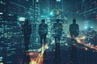 Three headless successful european males silhouettes with devices standing on abstract night city background