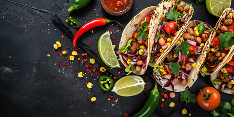 Wall Mural - Cooking Mexican taco with meat beans and vegetables on a table with black slate