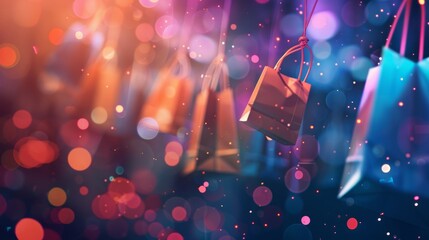 Poster - Dynamic retail background: vibrant bokeh effect with shopping bags and e-commerce icons, shopping concept for online stores and retail marketing