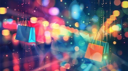 Poster - Dynamic retail background: vibrant bokeh effect with shopping bags and e-commerce icons, shopping concept for online stores and retail marketing