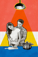 Poster - Artwork image trend sketch composite 3d collage photo of black white silhouette couple man hugs woman from behind in kitchen cook together valentine day celebrate