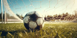 Fototapeta Sport - Goal! Ball in the Net on the Soccer Field! 