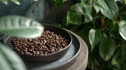 Sticker - A bowl of coffee beans on a table next to plants, AI