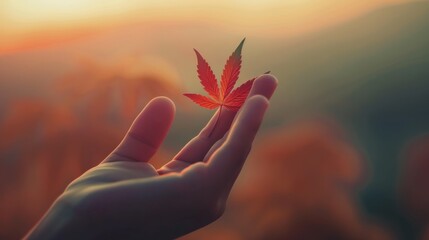 Canvas Print - A hand holding a red leaf in front of it, AI