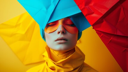 Wall Mural - A woman with a mask and colorful paper on her head, AI