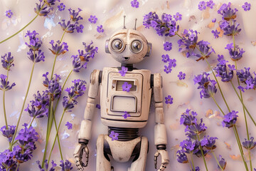 Canvas Print - Cute vintage robot and lavender flowers, flat lay