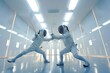 Young children en garde in fencing duel, focused and competitive