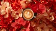 A cup of coffee surrounded by red flowers and leaves, AI