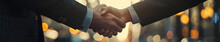 Two Business Man Shaking Hands, Neutral Background, Success Banner