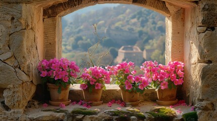 Wall Mural -   Pink flowers on window sill with distant mountain range view