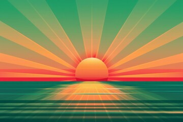 Wall Mural - the sun setting over an ocean, with a gradient background in shades of green and orange The sky is filled with rays that form geometric shapes reminiscent of modern art Generative AI