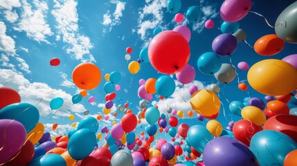 Canvas Print -   A group of balloons flying against a blue sky and white clouds