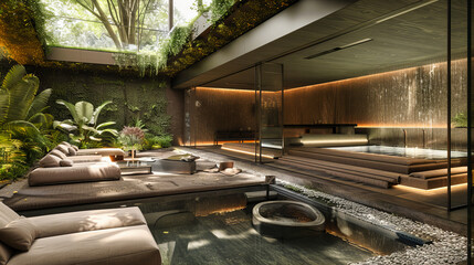 Wall Mural - Modern Wooden House with Luxurious Interior, Relaxation and Wellness Design, Green Garden Integration