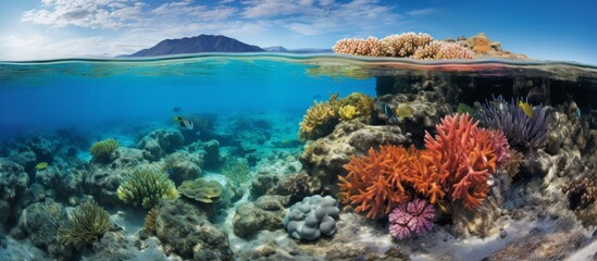 Wall Mural - A diverse underwater ecosystem filled with an array of colorful coral formations and swimming fish species