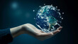 © Fang - Title: 'Digital Earth Grasp'Art Description: Hand holding holographic Earth against dark blue background, futuristic cyberpunk style.