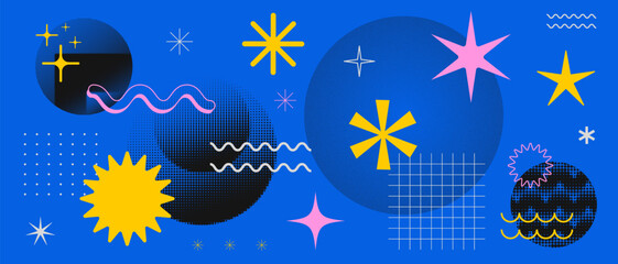 Poster - Cool Abstract Geometric Shapes Background Vector Design. Y2k Brutalist Dot Halftone Textured Elements. Modern Backdrop.