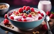Yogurt with granola and fresh berries in bowl on table