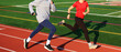 Two girls running fast together on a track