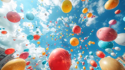 Poster -   A group of balloons soaring against a blue sky and a building in the distance