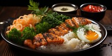 Yummy Food! Cook Rice, Add Salmon, Mix Together. Fry In Pan With Tasty Flavors. Top With Pickled Egg For Tangy Twist. Tasty Bites, Happy Tummy!