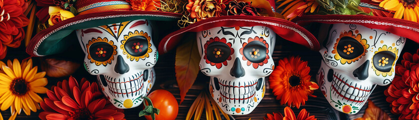 Wall Mural - Vibrant sugar skulls adorned with Mexican marigolds celebrate the Day of the Dead against festive backdrop