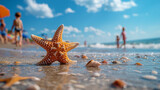 Fototapeta Las - Close up of starfish in sand with children playing in background on beach during summer holidays. Generative AI
