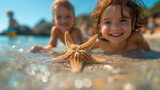 Fototapeta Zwierzęta - Portrait of cute children playing with starfish in shallow water on beach during summer holiday on sunny day. Generative AI