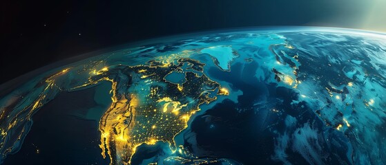 Wall Mural - View Earth space night, showing bright glow city lights of United States againstdarkness of oceans