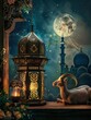 Eid Mubarak greeting image Mosque with Goat and lantern lamp and copy space - generative ai