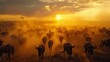 Serengeti plains  wildebeest migration   a natural spectacle of survival in dusk light