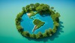 Planet earth on a green background. Green continents made from the crown of a tree. Clear azure water. The ecological concept of the survival of the planet created with generative ai