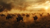 Fototapeta Sawanna - Serengeti wildebeest migration  natural spectacle in dusk light, masses on the move amid dust clouds