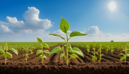 soybean growth in farm with blue sky background. agriculture plant seeding growing step concept created with generative ai