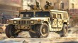A military vehicle with soldiers on board drives down a city street in battle. A military humvee with two hooded figures sitting inside, in the desert.