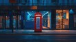 Red telephone box stands in front of a store, London street, detailed architecture, product display with blue lights inside.