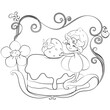 Vector childish illustration, contour, coloring book - simple little cute pretty stylized fairy girl decorating a cake with strawberries, standing on a leaf, a flower in a beautiful intertwined frame.